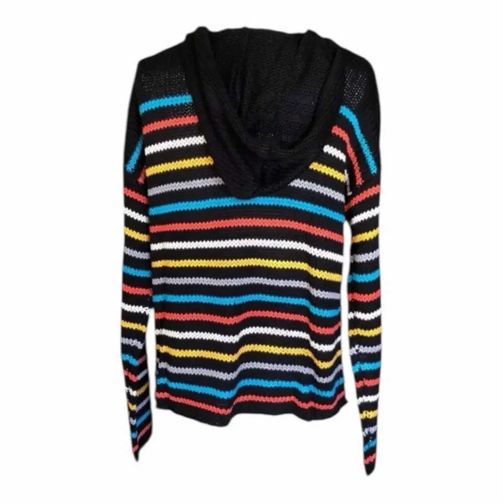 LoveStitch NWT Black Aqua Orange Stripe Kangaroo Pocket Hoodie Long Sleeve - Picture 5 of 13